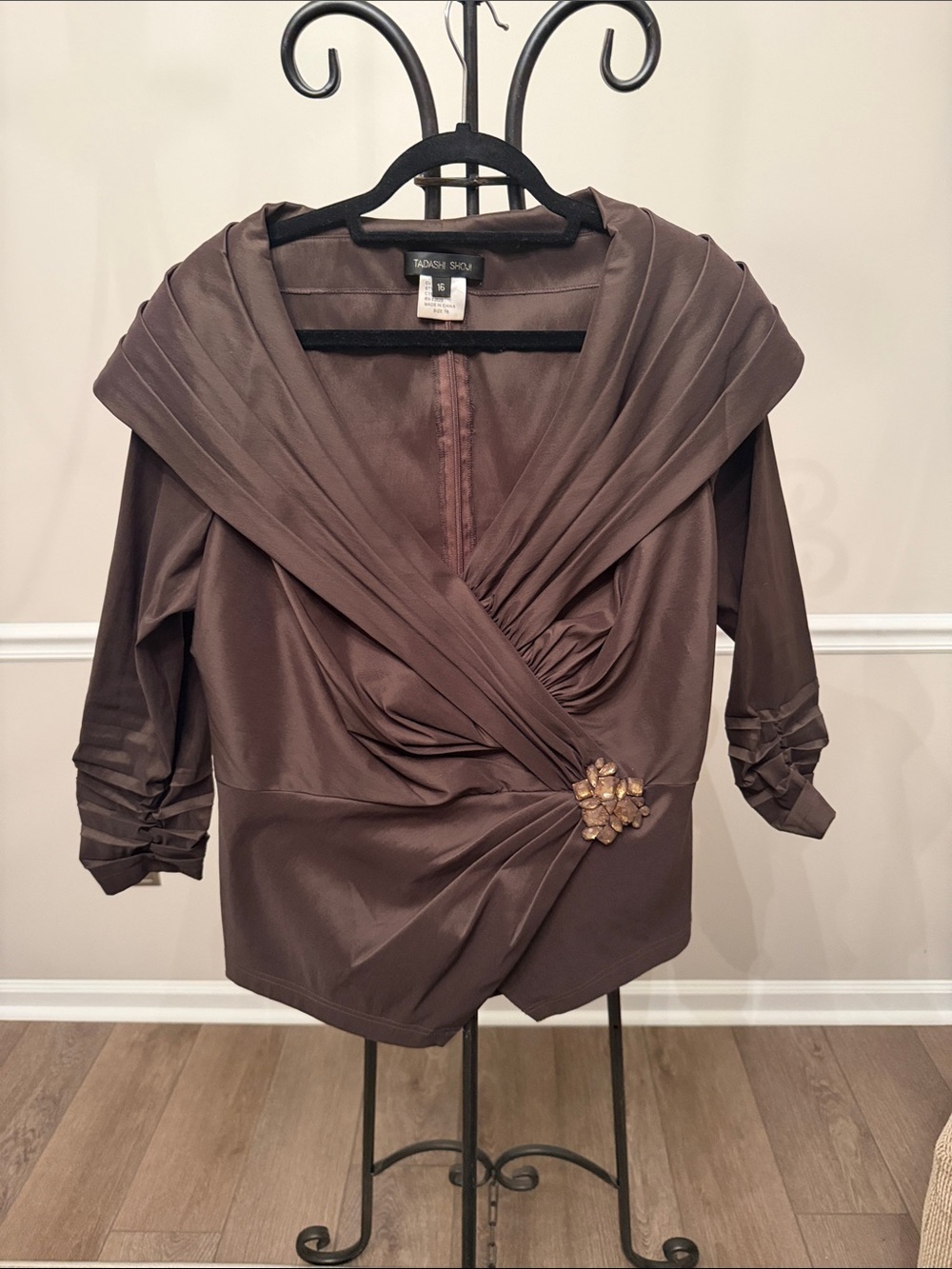 Tadashi Shoji Brown Satin Wrap Blouse Gold Brooch Size 16